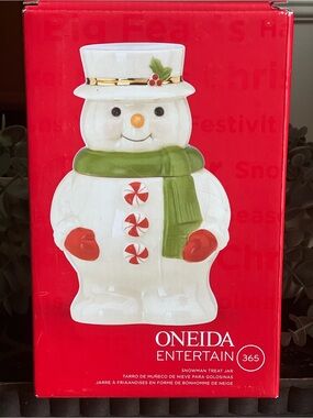 Oneida White Snowman Treat Jar with Green Scarf and Red Accents
